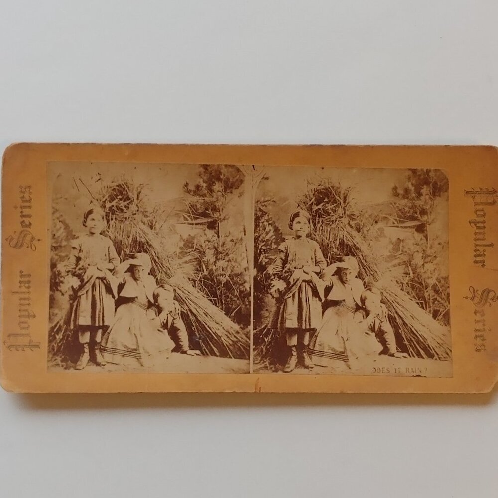 ANTIQUE Stereo View Card Stereograph Children "Does it rain?"